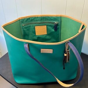 Coach Teal Tote with Tan Trim and Blue Handles